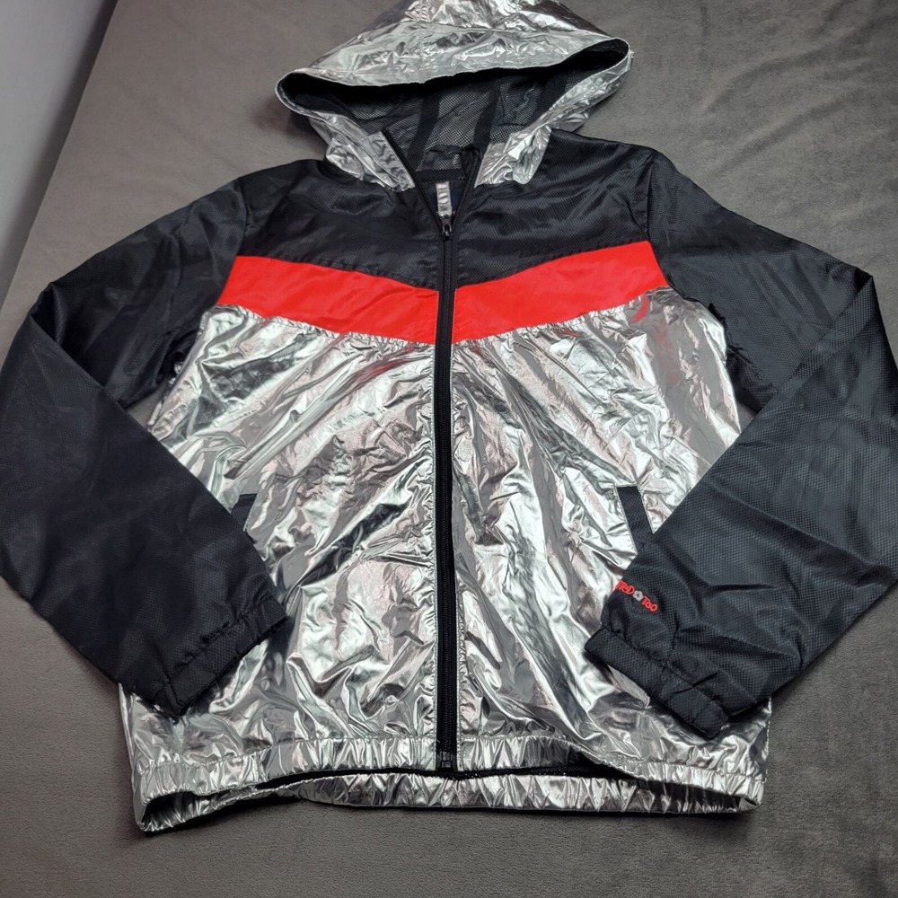 Limited Too Girls Hooded Jacket Size 14/16 Silver/Black/Red Full Zip Lightweight